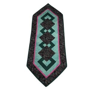 Quilted Table Runner Geometric Diamond Patchwork Decor Teal‎ Green Pink Accent